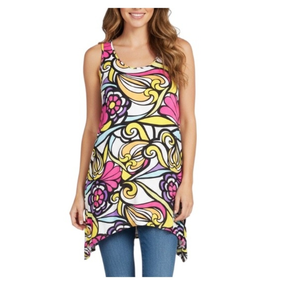 THE PYRAMID COLLECTION Bold Multicolor ASYMMETRICAL HEM Sleeveless TUNIC TOP XL